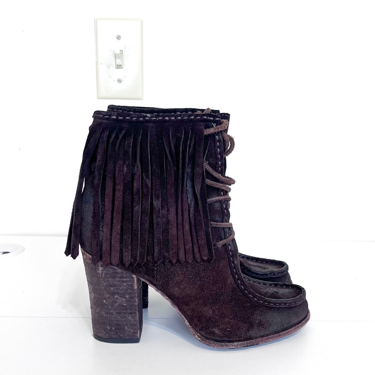 Frye Womens Parker Fringe Boots Size 7.5m Chocolate Brown Suede Boho Western